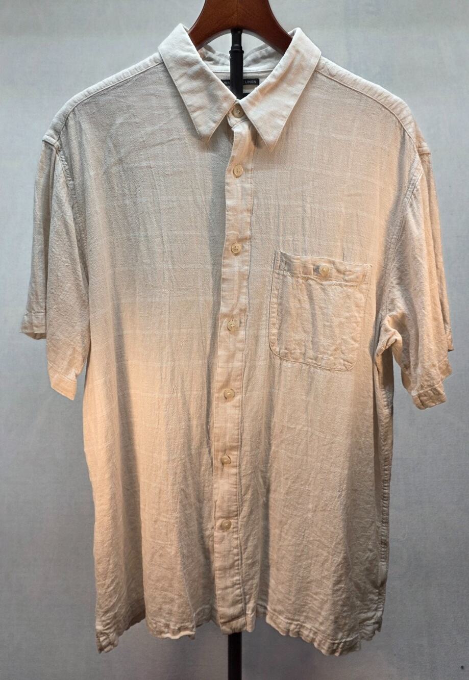 Marc Edwards Men's XL Washable Linen Blend Button up Short Sleeve Beige